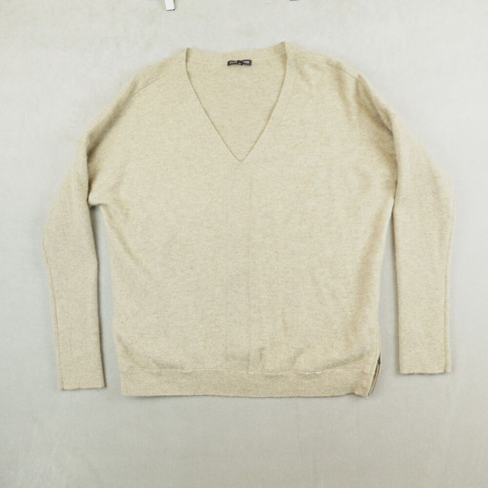 EILEEN FISHER Sweater 100% Cashmere V Neck Boxy Soft Beige Size XL Side Zip